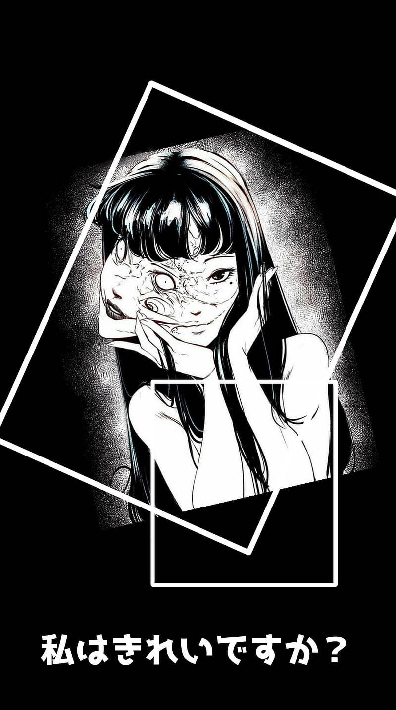 半邊臉有圖案的動漫女孩在幾何框架中問自己是否漂亮。 — 詭異的GIF 壁紙