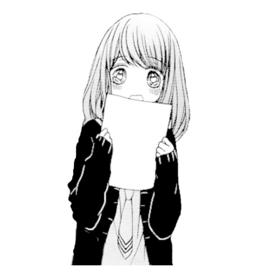 Black And White Anime 桌布 壁紙 — 一個黑白動漫女孩，大眼睛，用一張空白紙遮住嘴巴。