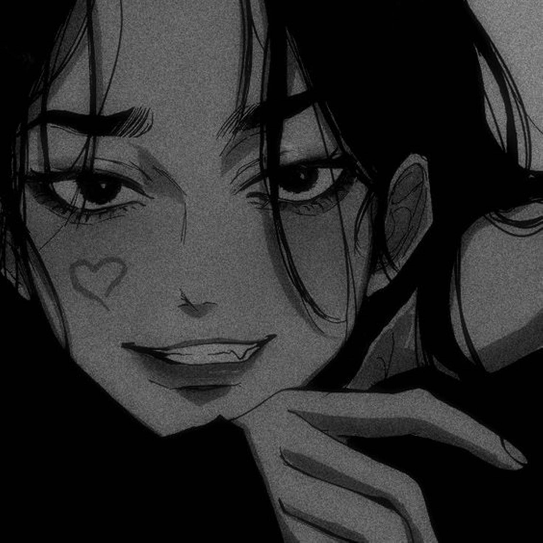 Baji 桌布 壁紙 — 一個黑白動漫女孩，帶有心形刺青，輕輕微笑，手托著下巴。