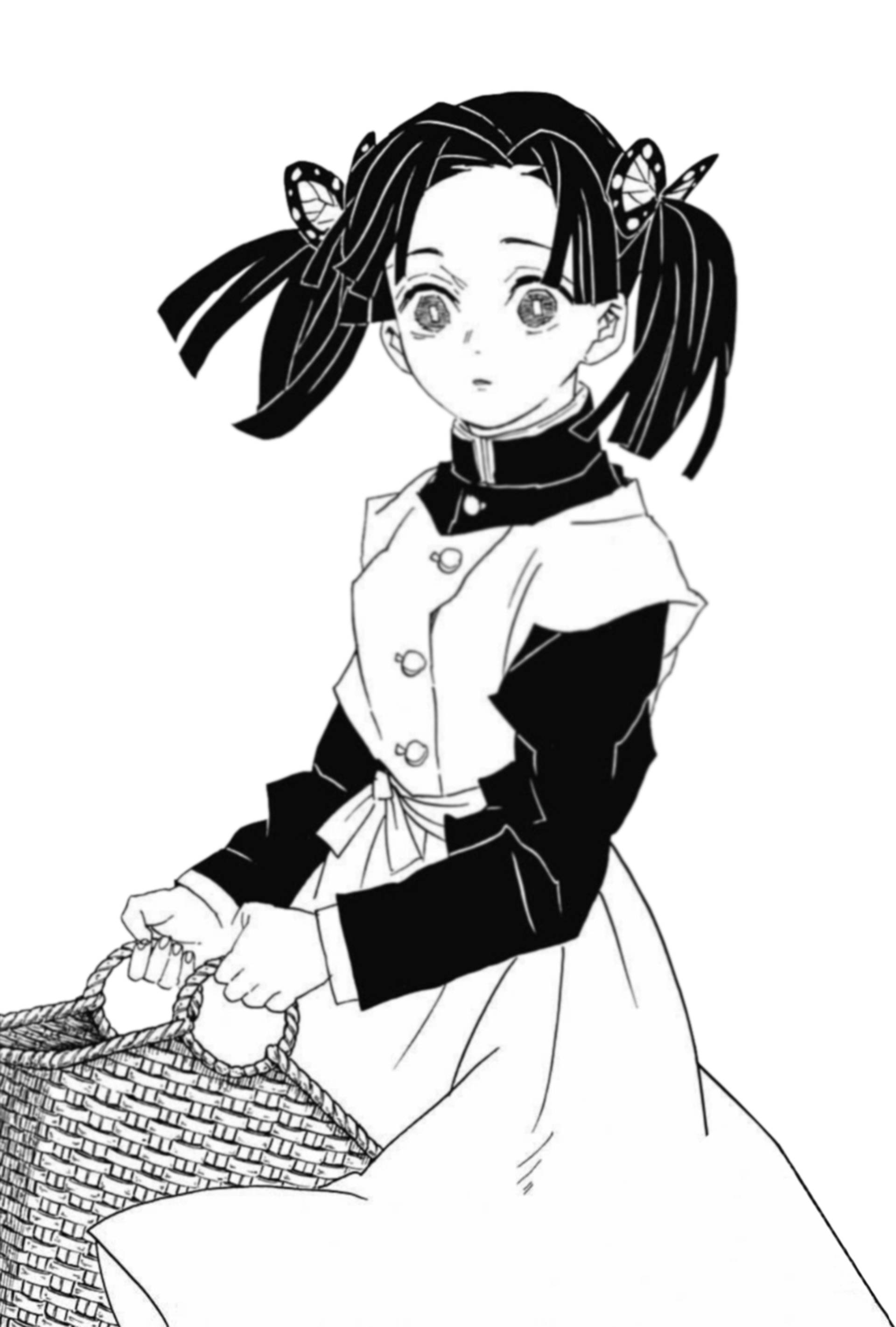 aoi kanzaki 桌布 壁紙 — 一個黑白動漫女孩，戴著蝴蝶髮夾，拿著一個編織籃子，向前看。
