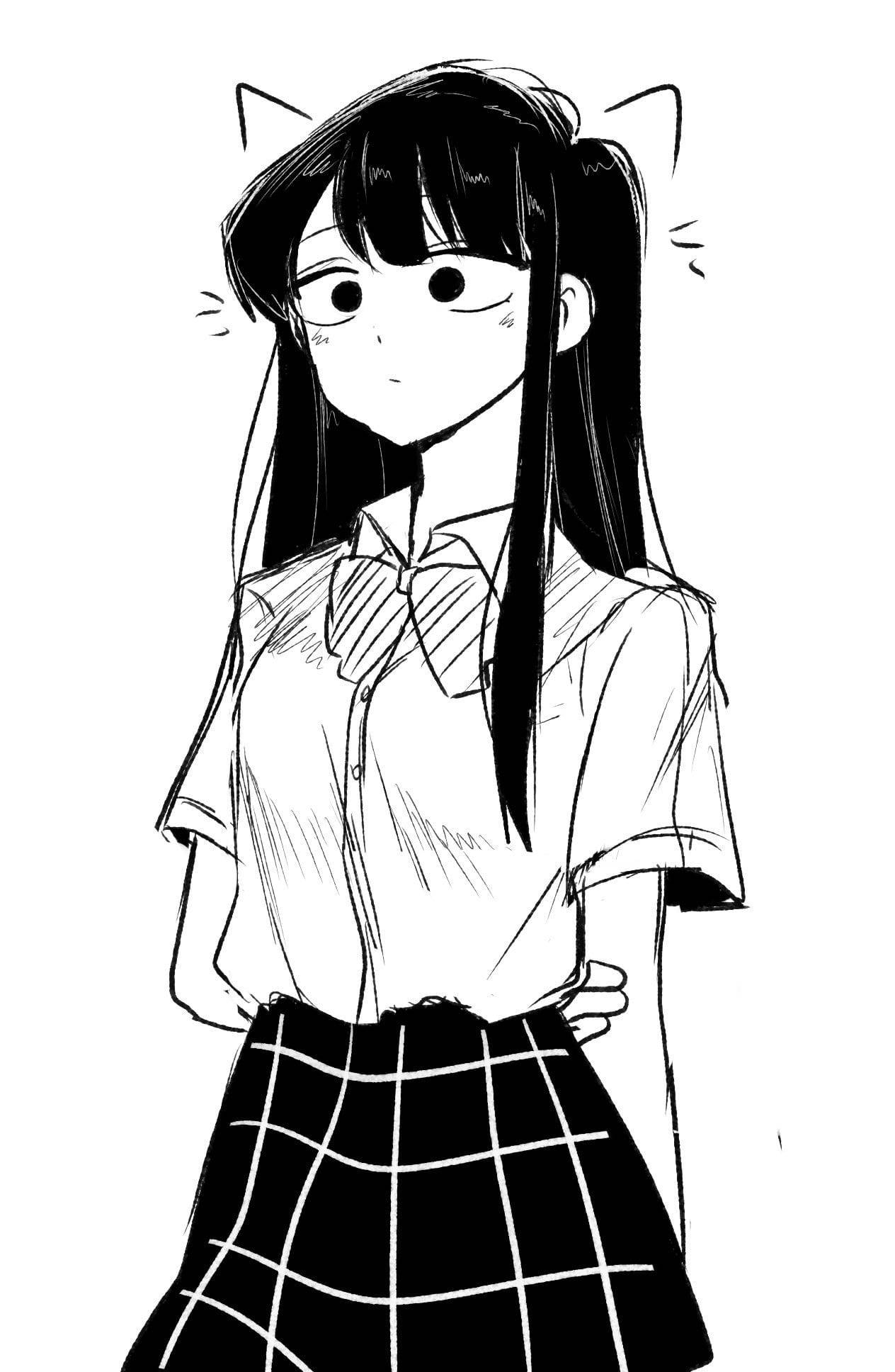 黑白 桌布 壁紙 — 一個黑白動漫女孩，戴著貓耳，穿著校服，雙手叉腰自信地站著。