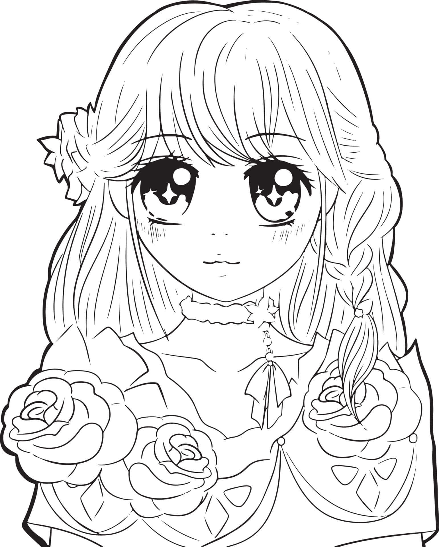 Anime Coloring 桌布 壁紙 — 一個黑白動漫女孩，擁有大型富表情的眼睛，肩上帶有玫瑰，以細緻線條藝術風格呈現。