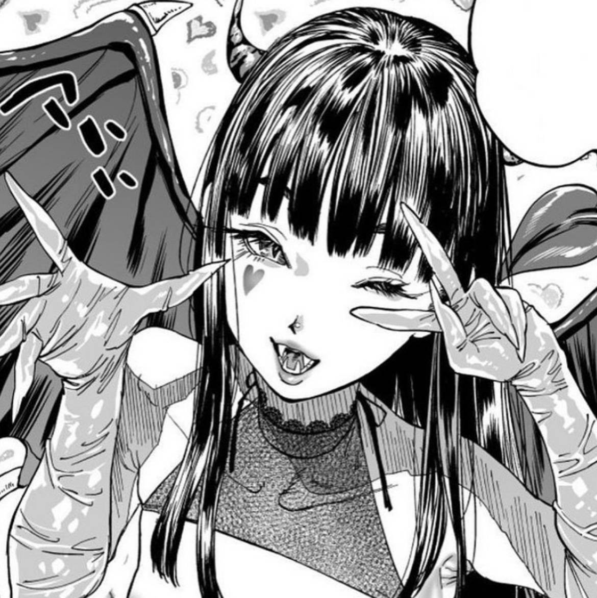 Edgy 桌布 壁紙 — 一個黑白動漫女孩，擁有惡魔角和翅膀，雙手做出俏皮的和平手勢。