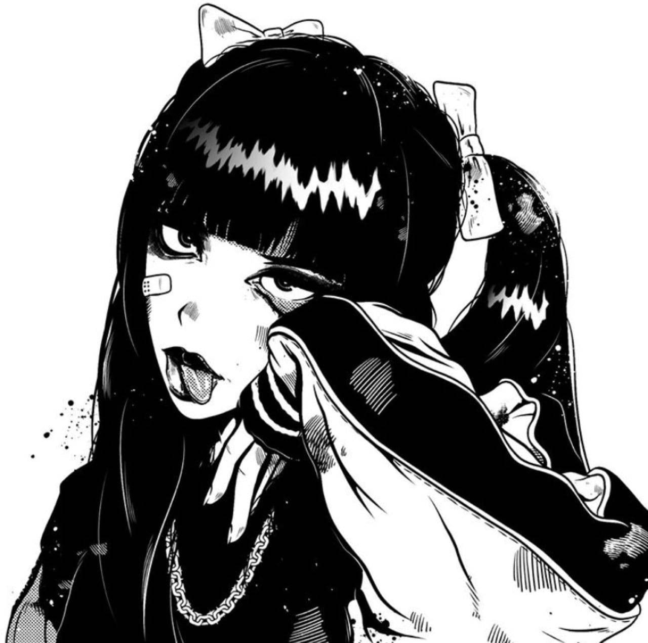 黑白 桌布 壁紙 — 一個黑白動漫女孩，有瀏海和貓耳，伸出舌頭，同時拿著一塊布貼在臉上。