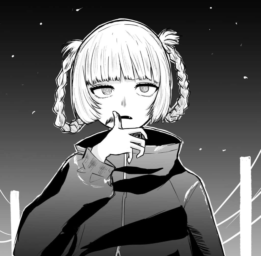 動漫 桌布 壁紙 — 一個黑白動漫女孩，梳著辮子，大眼睛，在星空下把手指放在嘴唇上。