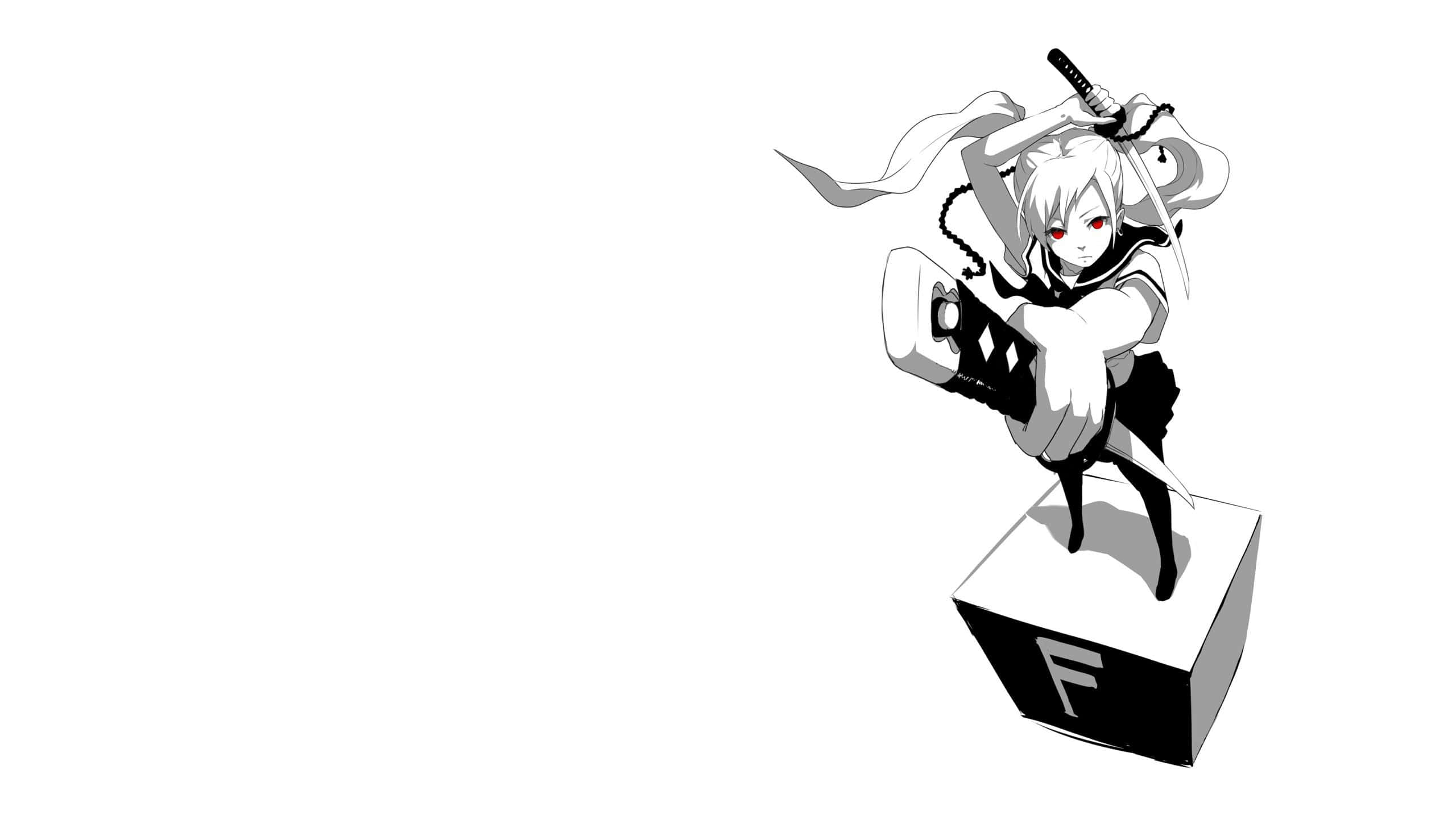 Black And White Anime 桌布 壁紙 — 一個黑白動漫女孩，紅眼睛，站在一個立方體上，以動態姿勢握著一把武士刀。