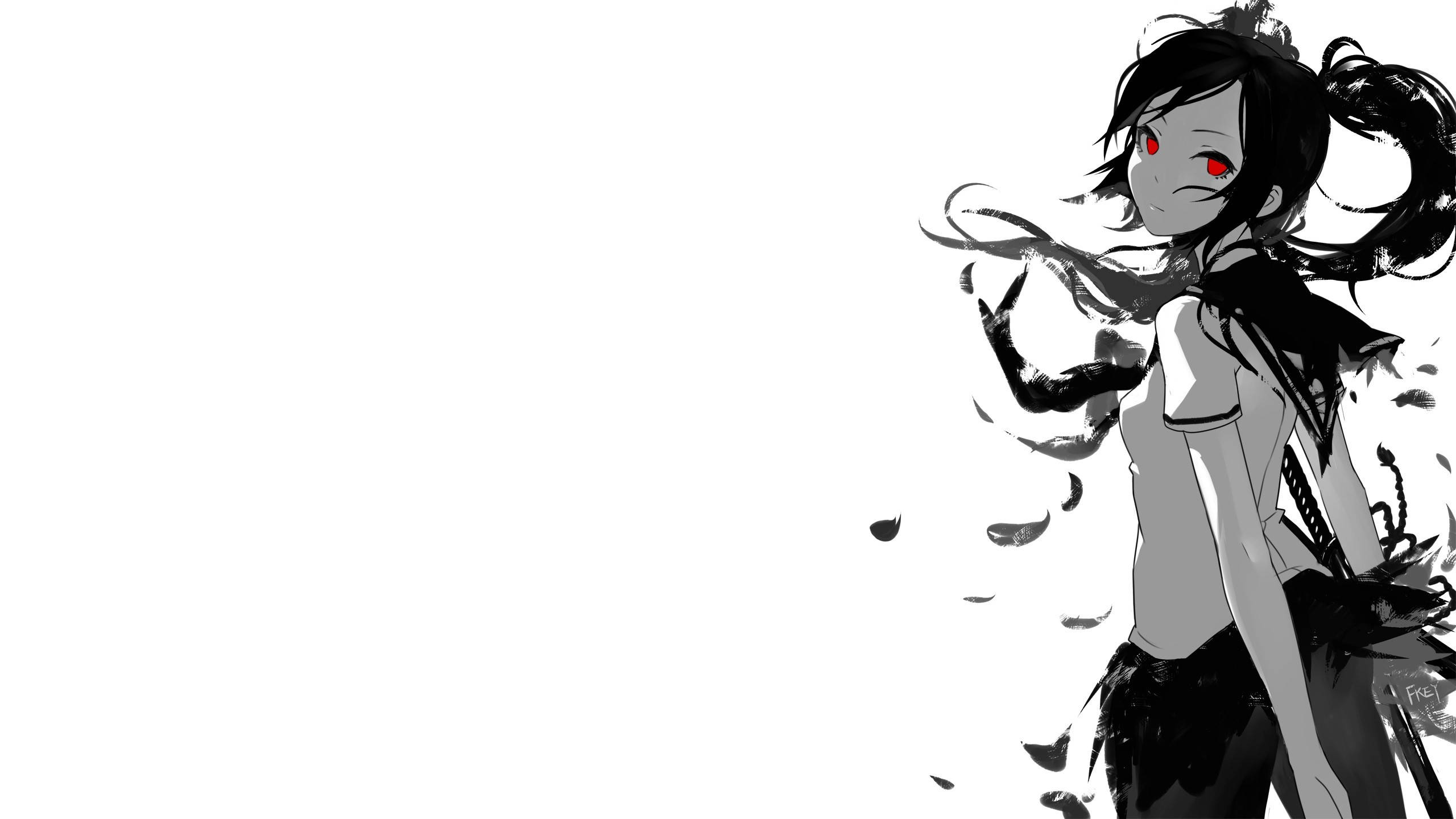 White Anime 桌布 壁紙 — 一個黑白動漫女孩，紅眼睛，飄逸的頭髮，站在純白色背景上，帶有墨水飛濺。