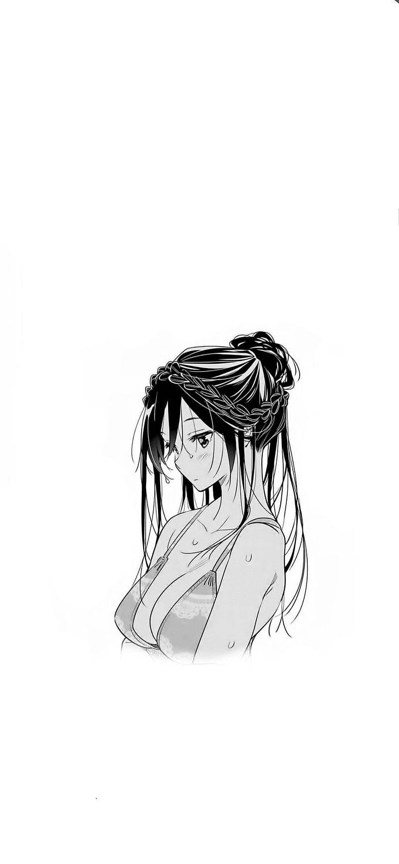 動漫女孩 桌布 壁紙 — 一個黑白動漫女孩，辮子頭髮，表情溫柔，在純白背景上向下凝視。