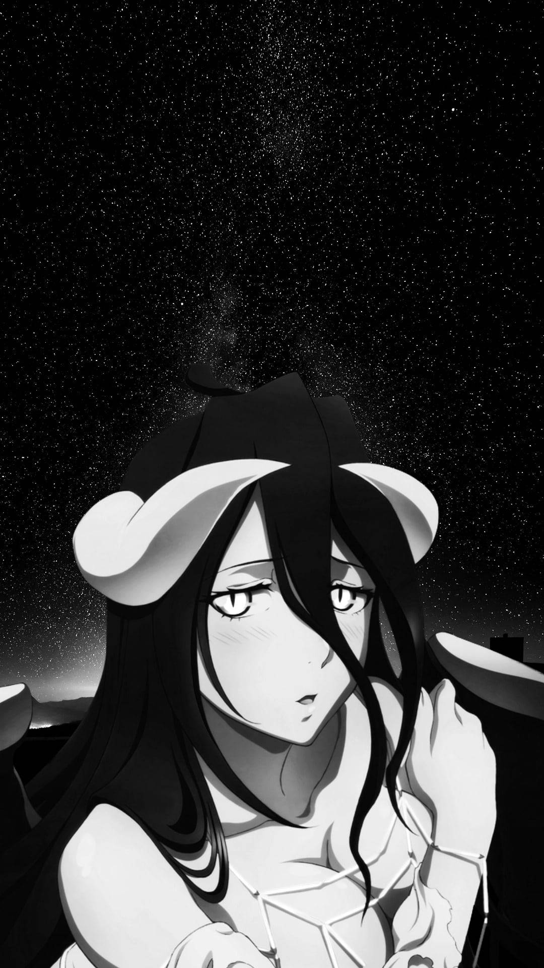 動漫女孩 桌布 壁紙 — 一個黑白動漫女孩，長著牛耳朵，在星空下仰望。