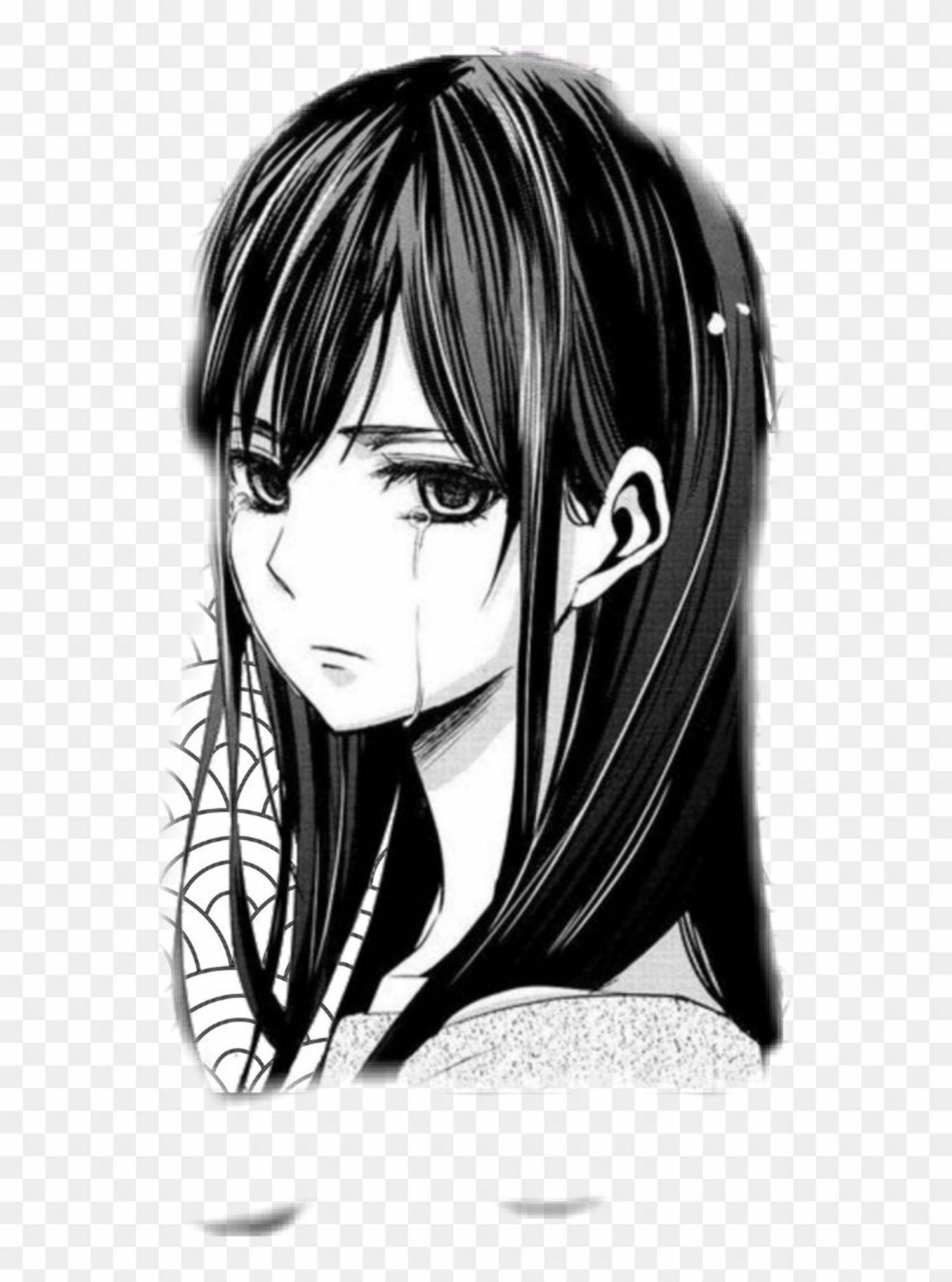 桌布 壁紙 — 一個黑白動漫女孩，長髮，淚珠從臉頰滑落，穿著蜘蛛網圖案的衣服。