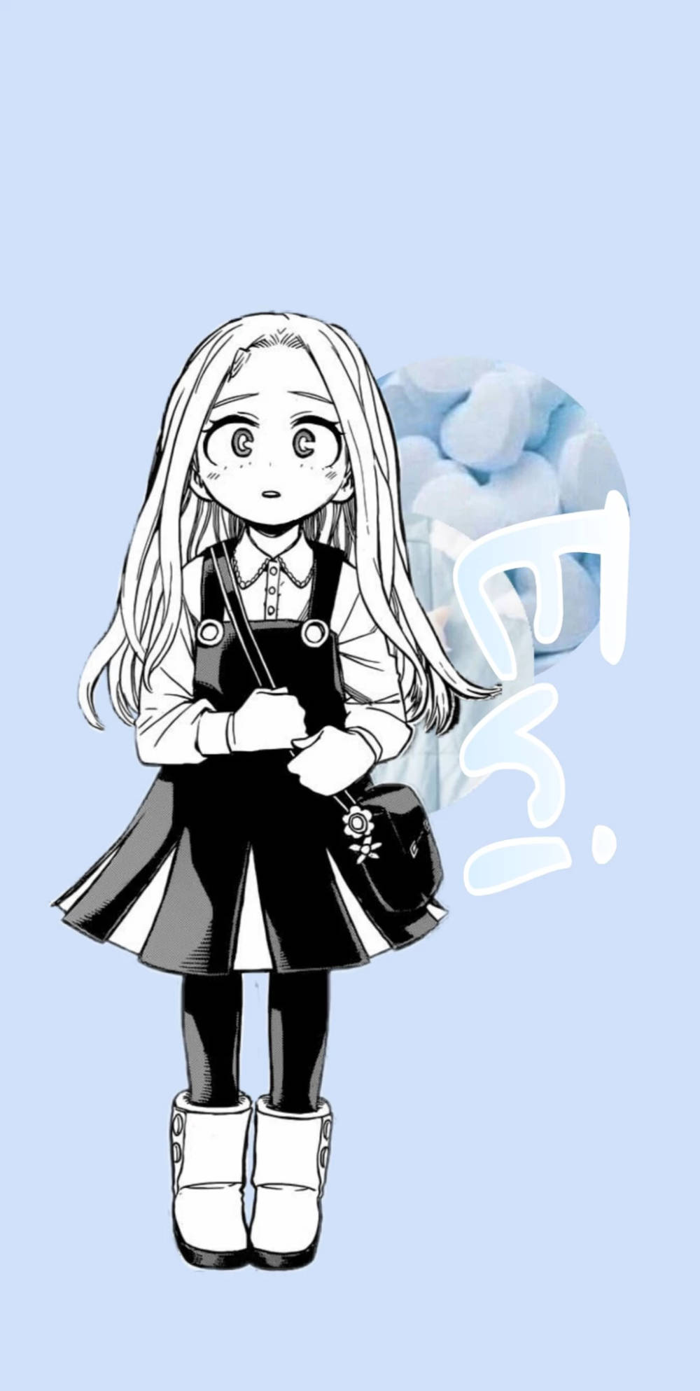 動漫女孩 桌布 壁紙 — 一個黑白動漫女孩，長髮大眼，站在淺藍色背景前，拿著一個袋子。