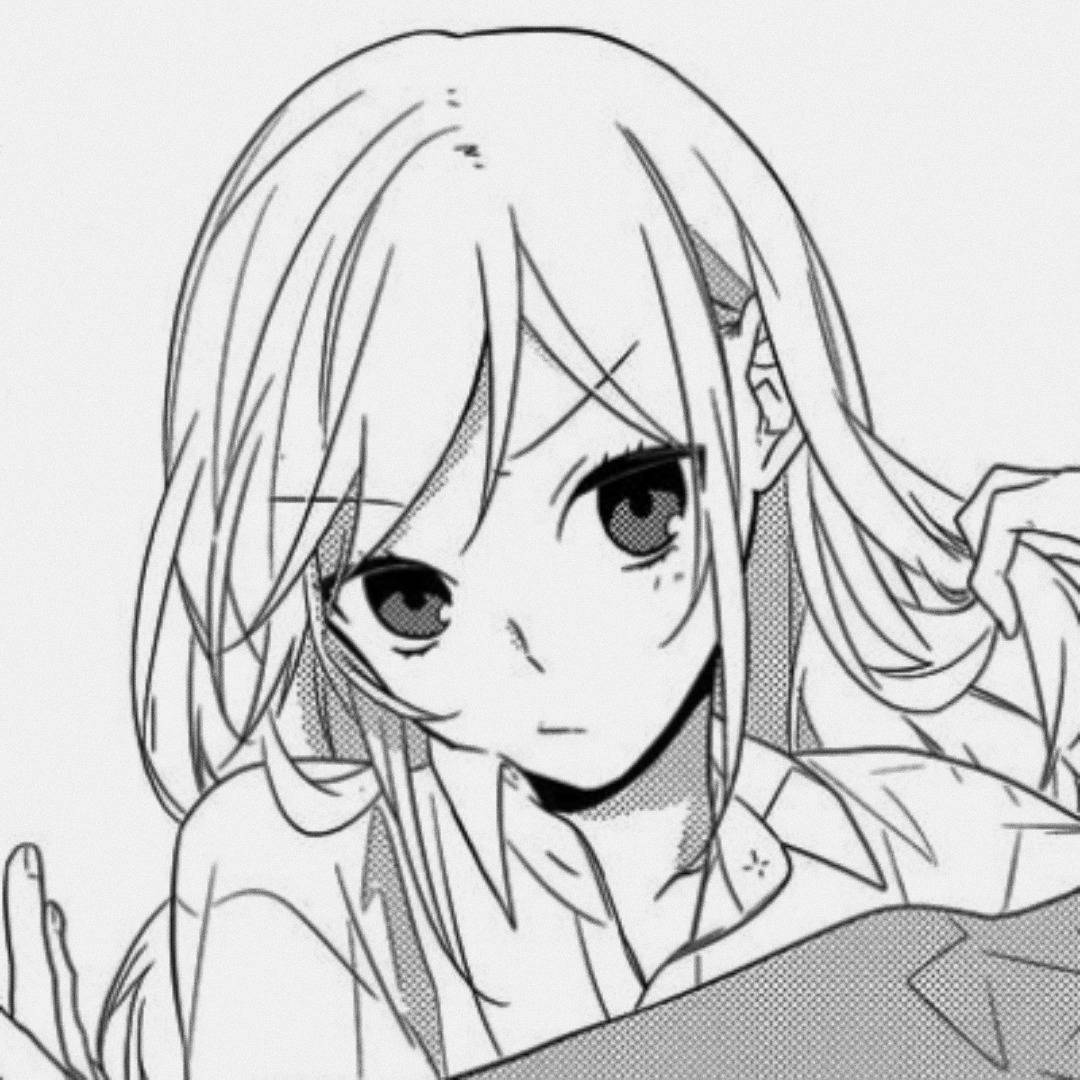 Pfp 桌布 壁紙 — 一個黑白動漫女孩，長髮飄逸，眼神充滿表現力，帶著微妙微笑直視觀眾。