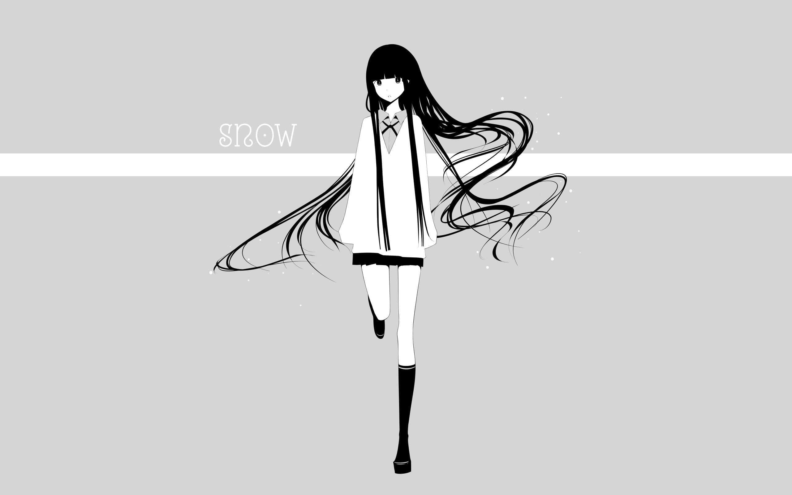 桌布 壁紙 — 一個黑白動漫女孩，長髮飄逸，站在極簡灰色背景前，上面有「雪」字。