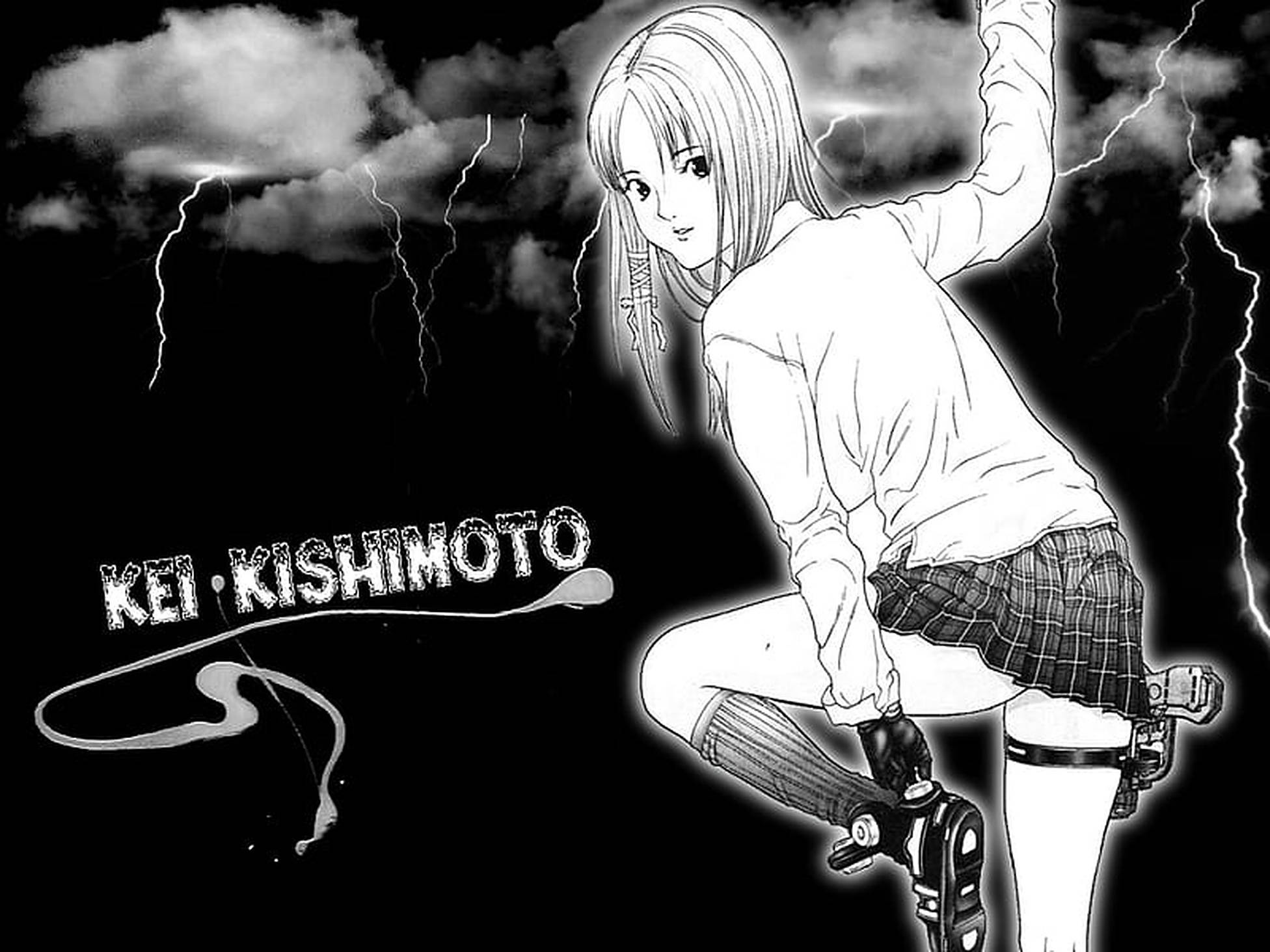 Gantz 桌布 壁紙 — 一個黑白動漫女孩戴著義肢，在雷電交加的暴風雨天空下蹲著。