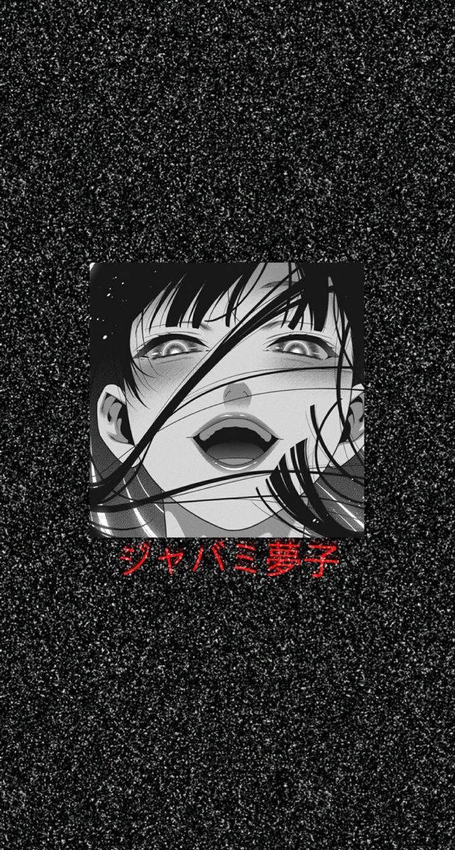 Kakegurui 桌布 壁紙 — 一個黑白動漫女孩的臉，大眼睛和張開的嘴巴，背景是帶有紅色日文字的斑點黑色背景。