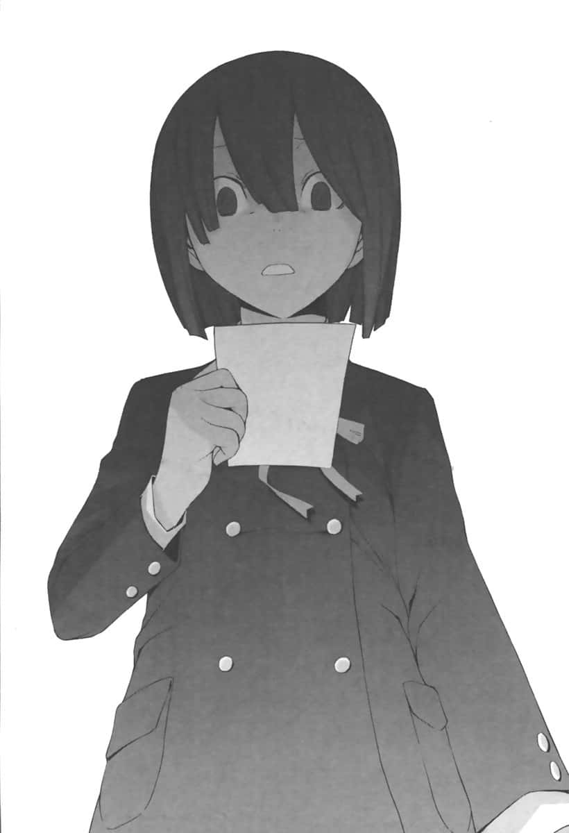 Akane Awakusu 桌布 壁紙 — 一個黑白動漫女孩穿著校服，在純色背景前拿著一張白紙，表情驚訝。