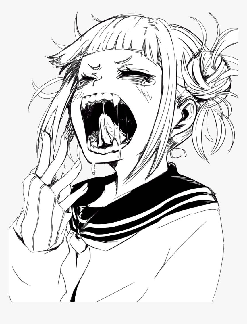Pfp 桌布 壁紙 — 一個黑白動漫女孩穿著校服，張開嘴巴尖叫，露出尖牙和飛濺的口水。