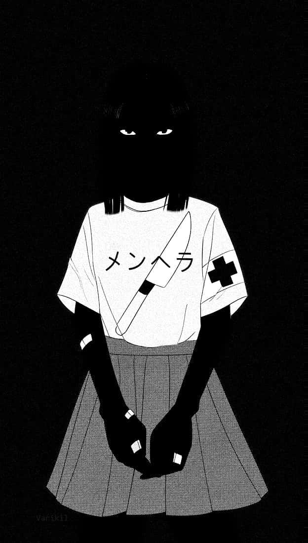 高清 桌布 壁紙 — 一個黑白動漫女孩穿著護士服，帶有刀圖案和日文字，站在深色背景前。