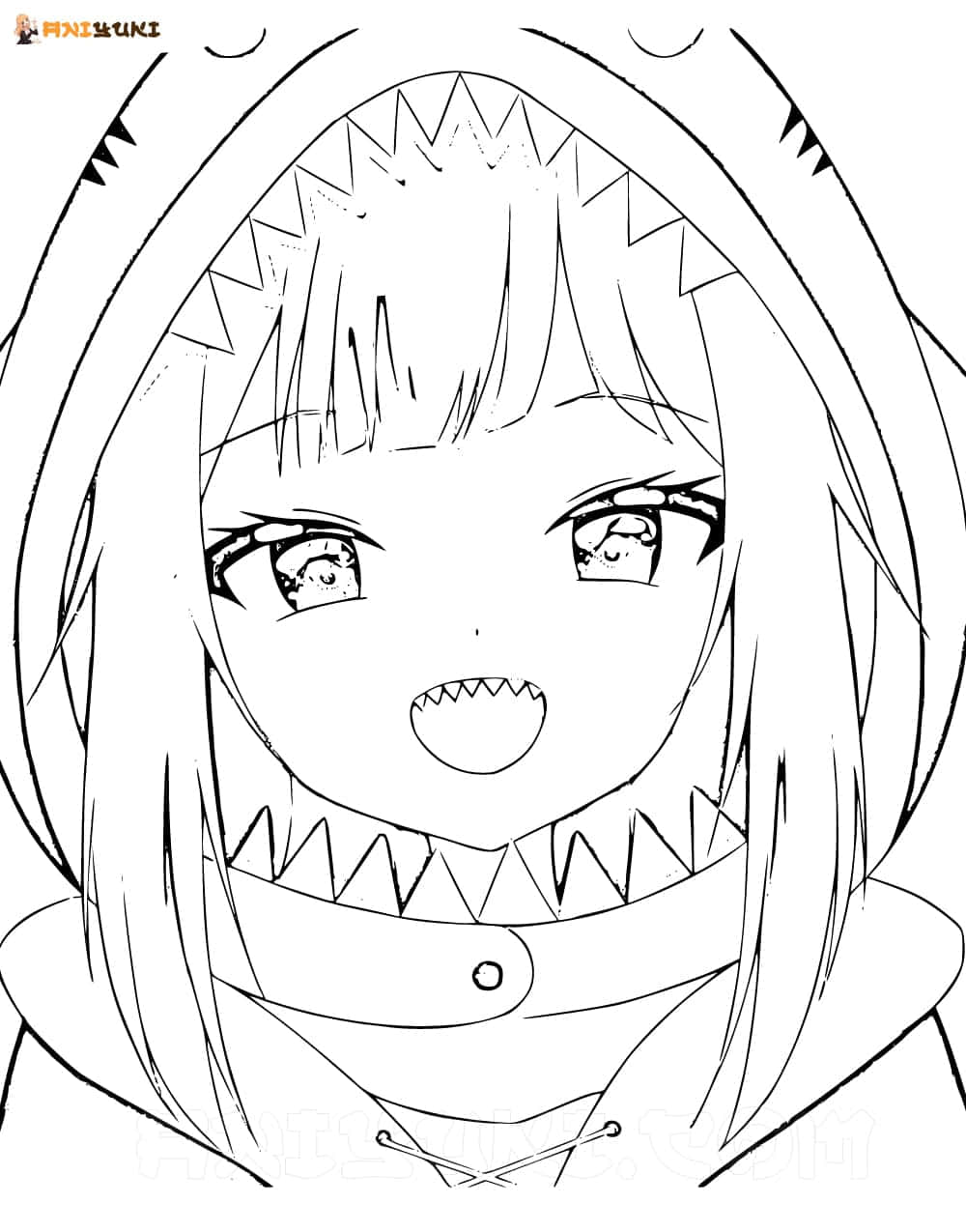 Anime Coloring 桌布 壁紙 — 一個黑白動漫女孩穿著鯊魚連帽衫，露出尖牙和富有表現力的眼睛微笑。