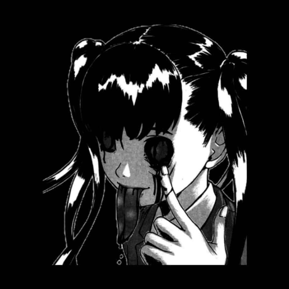 桌布 壁紙 — 一個黑白動漫女孩紮著辮子，手指放在眼睛上，黑色液體從她嘴裡滴下，背景是純黑色。