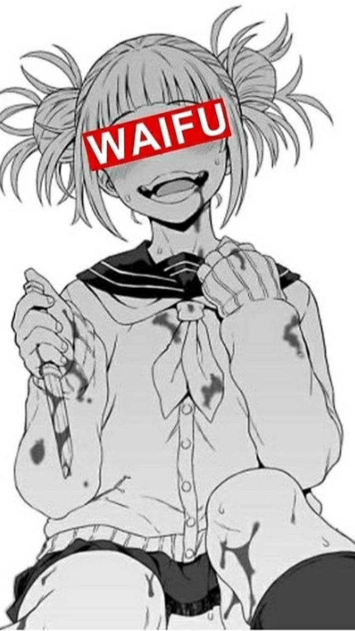 動漫女孩 桌布 壁紙 — 一個黑白動漫女孩紮著雙馬尾，手持沾滿血的刀，露出瘋狂的笑容。