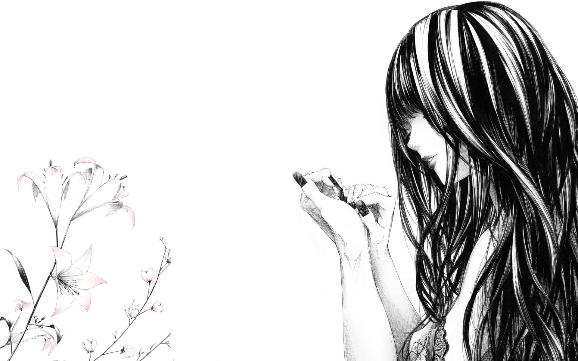Black And White Anime 桌布 壁紙 — 一個黑白動漫女孩長髮，在簡約構圖中拿著筆，旁邊是精緻的百合花。