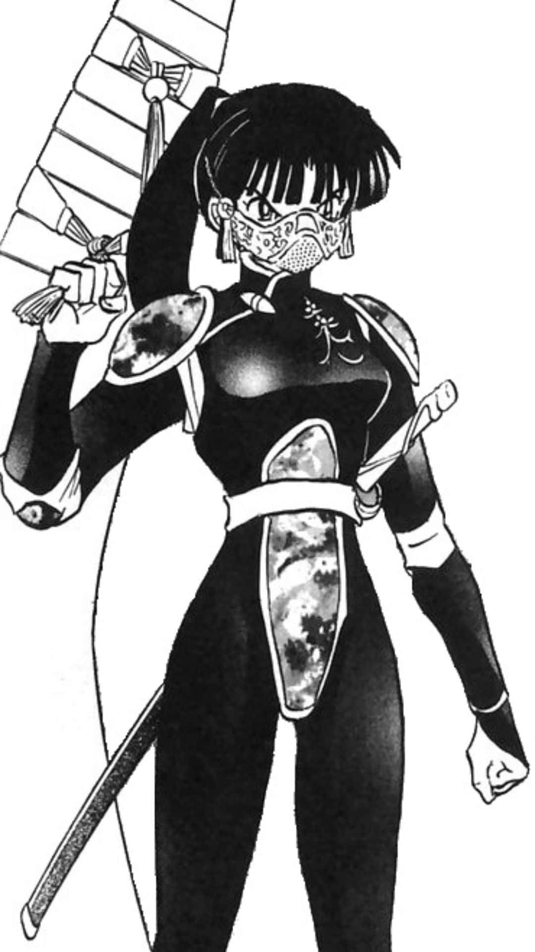 Sango 桌布 壁紙 — 一個黑白動漫女忍者，戴著面具和盔甲，手持扇子和劍，姿態堅定。