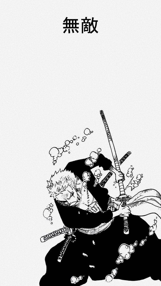 One Piece Phone 桌布 壁紙 — 一個黑白動漫戰士，頭髮尖刺，在動態線條和氣泡中緊握劍，背景簡潔。