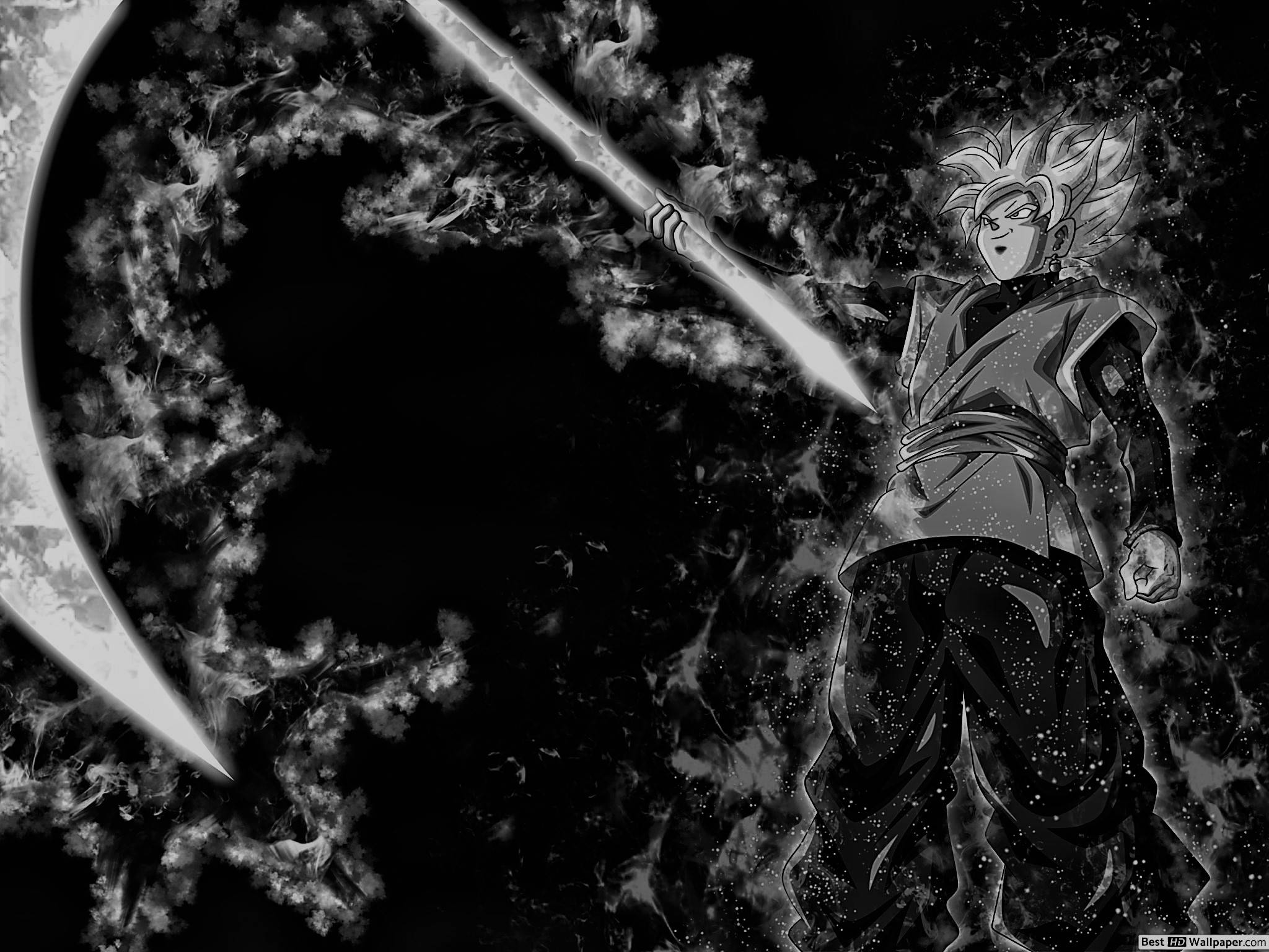 Monochrome 桌布 壁紙 — 一個黑白動漫戰士，頭髮尖刺，在帶有新月形狀的宇宙背景下揮舞著發光的劍。