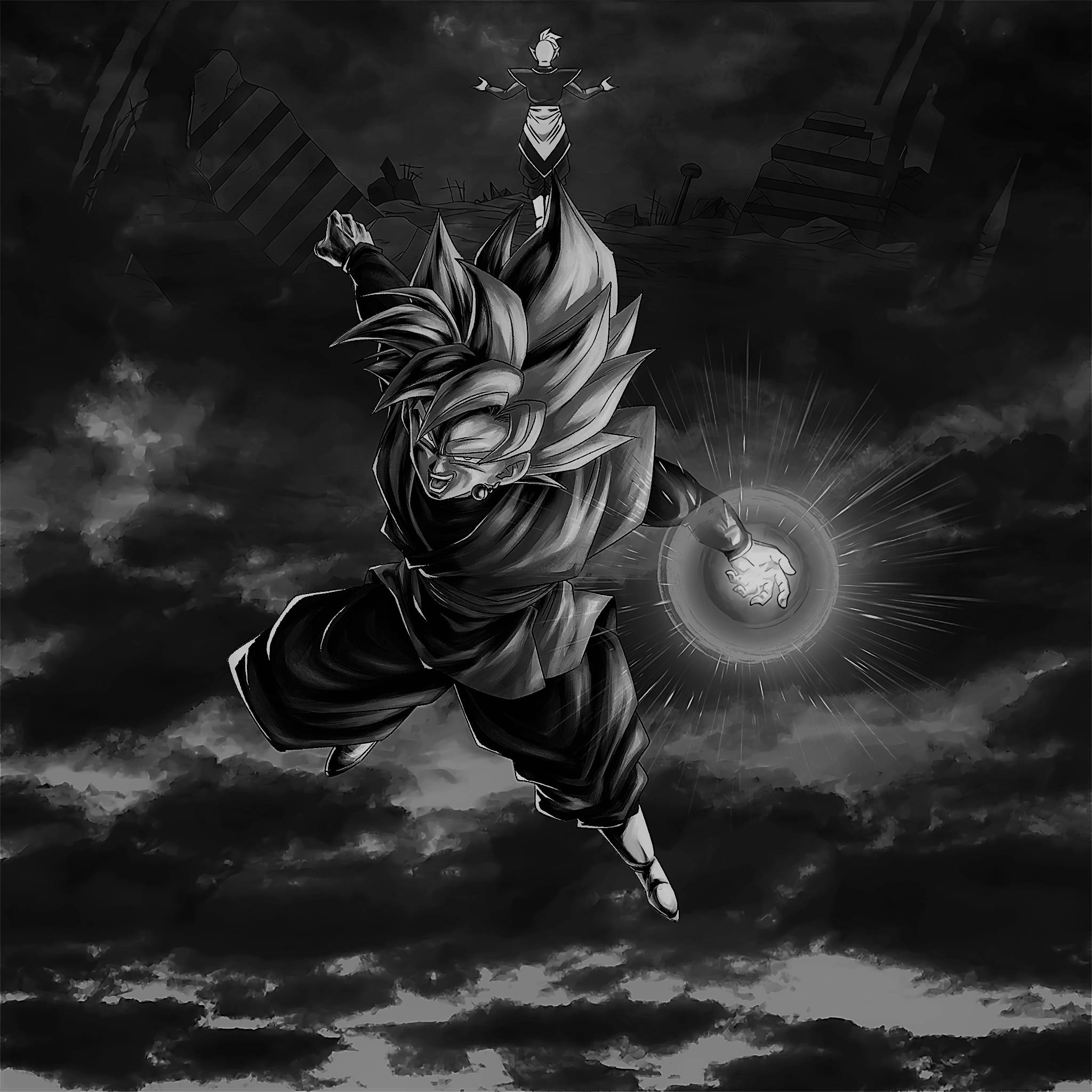 Goku Black And White 桌布 壁紙 — 一個黑白動漫戰士，頭髮尖刺，懸浮在半空中，揮舞著發光的能量球，背景是暴風雨的天空。