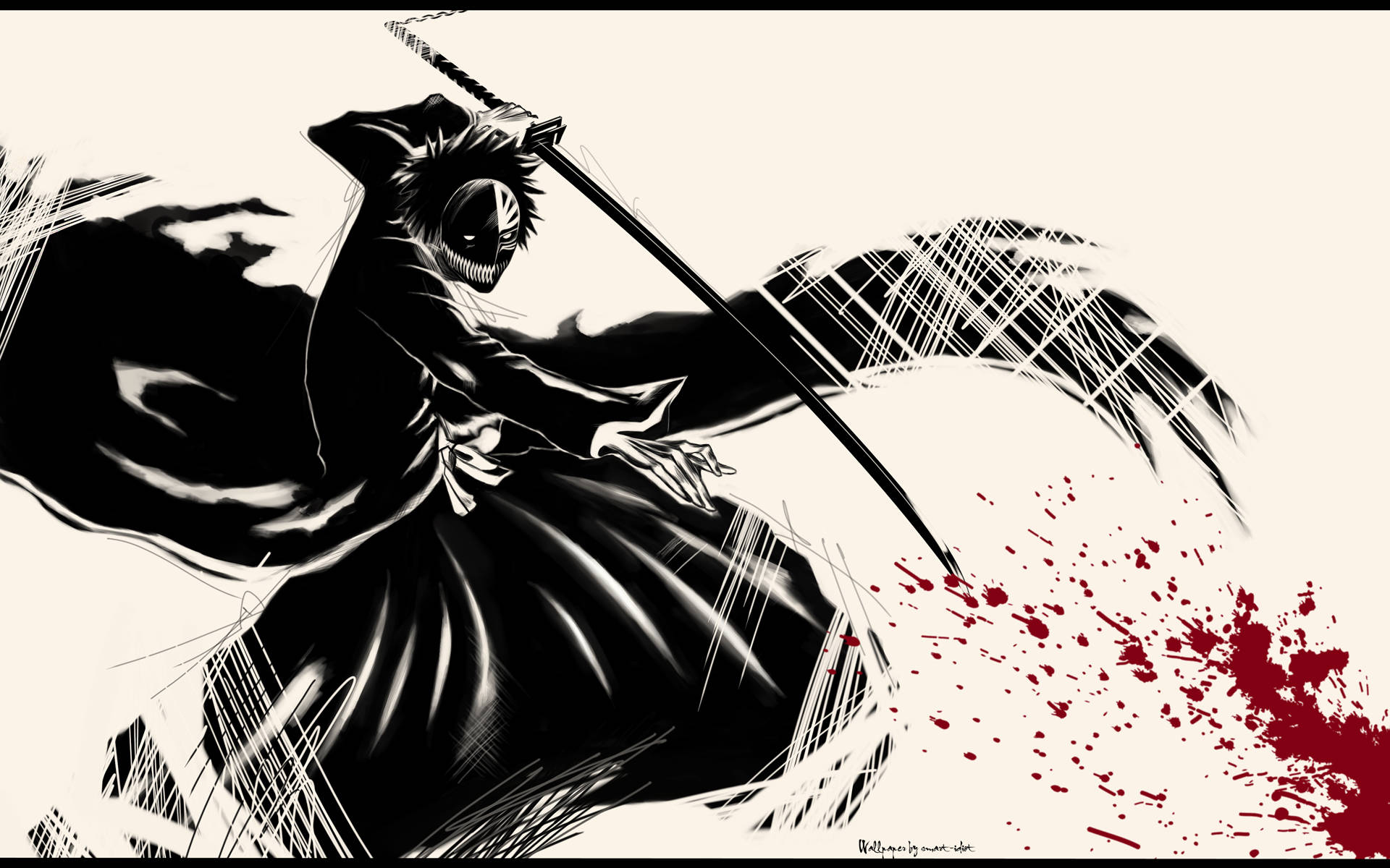 死神 桌布 壁紙 — 一個黑白動漫戰士穿著飄逸長袍，用劍揮砍，在奶油色背景上濺起紅色血跡。