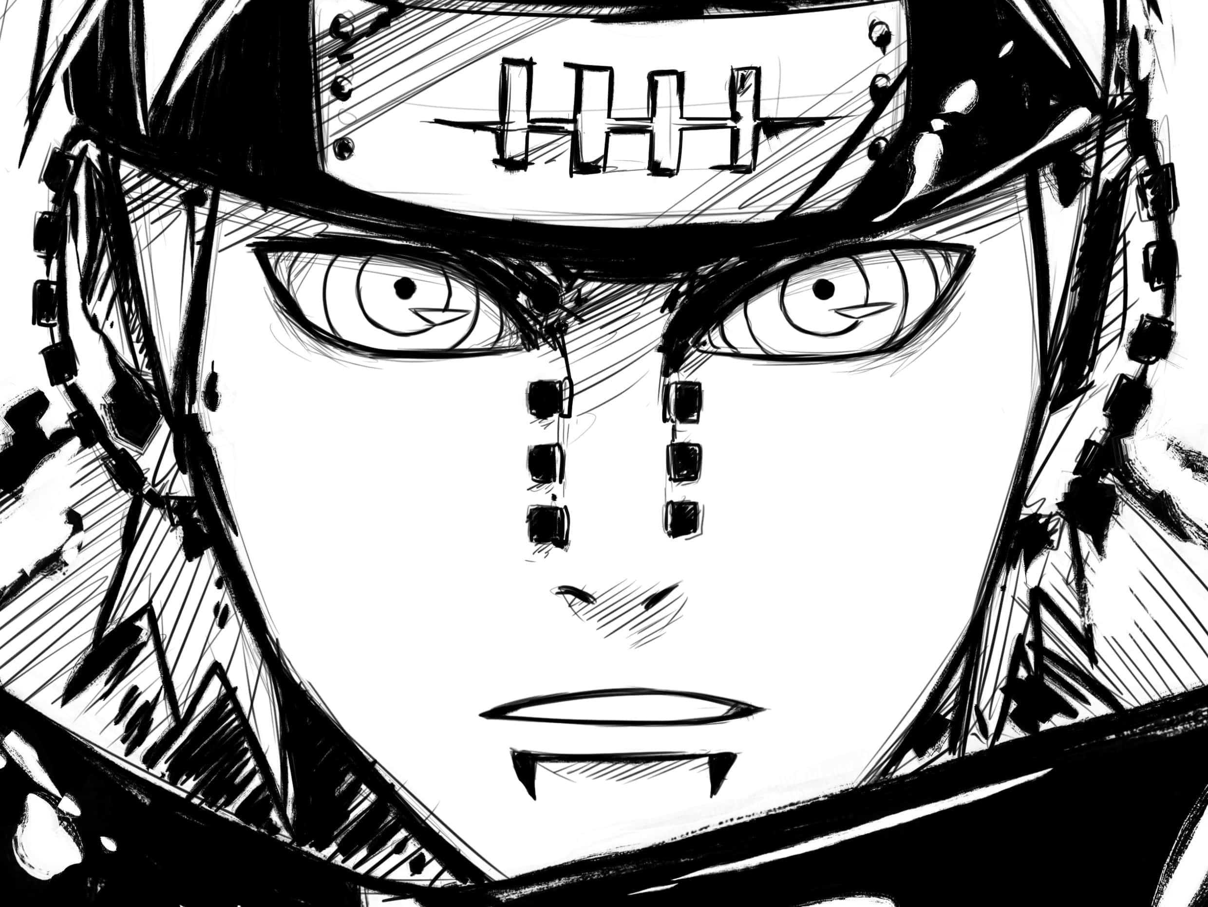 Naruto Black And White 桌布 壁紙 — 一個黑白動漫特寫，描繪一位戴著頭帶、擁有獨特眼部標記的堅定忍者。