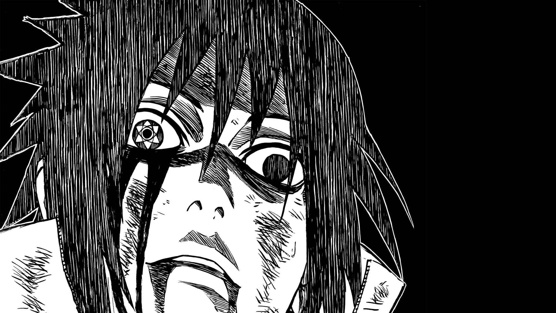 sasuke uchiha 桌布 壁紙 — 一個黑白動漫特寫，角色有尖刺頭髮和寫輪眼，在黑暗背景下激烈哭泣。