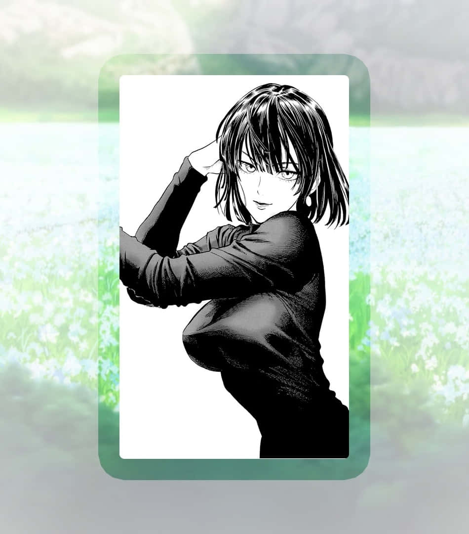 Fubuki 桌布 壁紙 — 一個黑白動漫短髮女孩在模糊的綠色花卉背景前自信地擺姿勢。