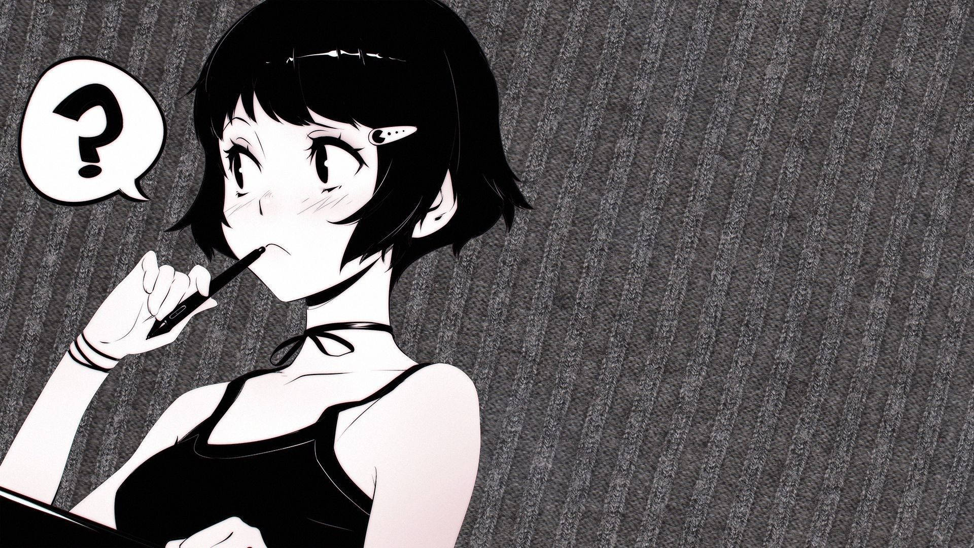 黑色動畫gif 桌布 壁紙 — 一個黑白動漫短髮女孩將筆放在唇邊，旁邊漂浮著一個問號對話氣泡。