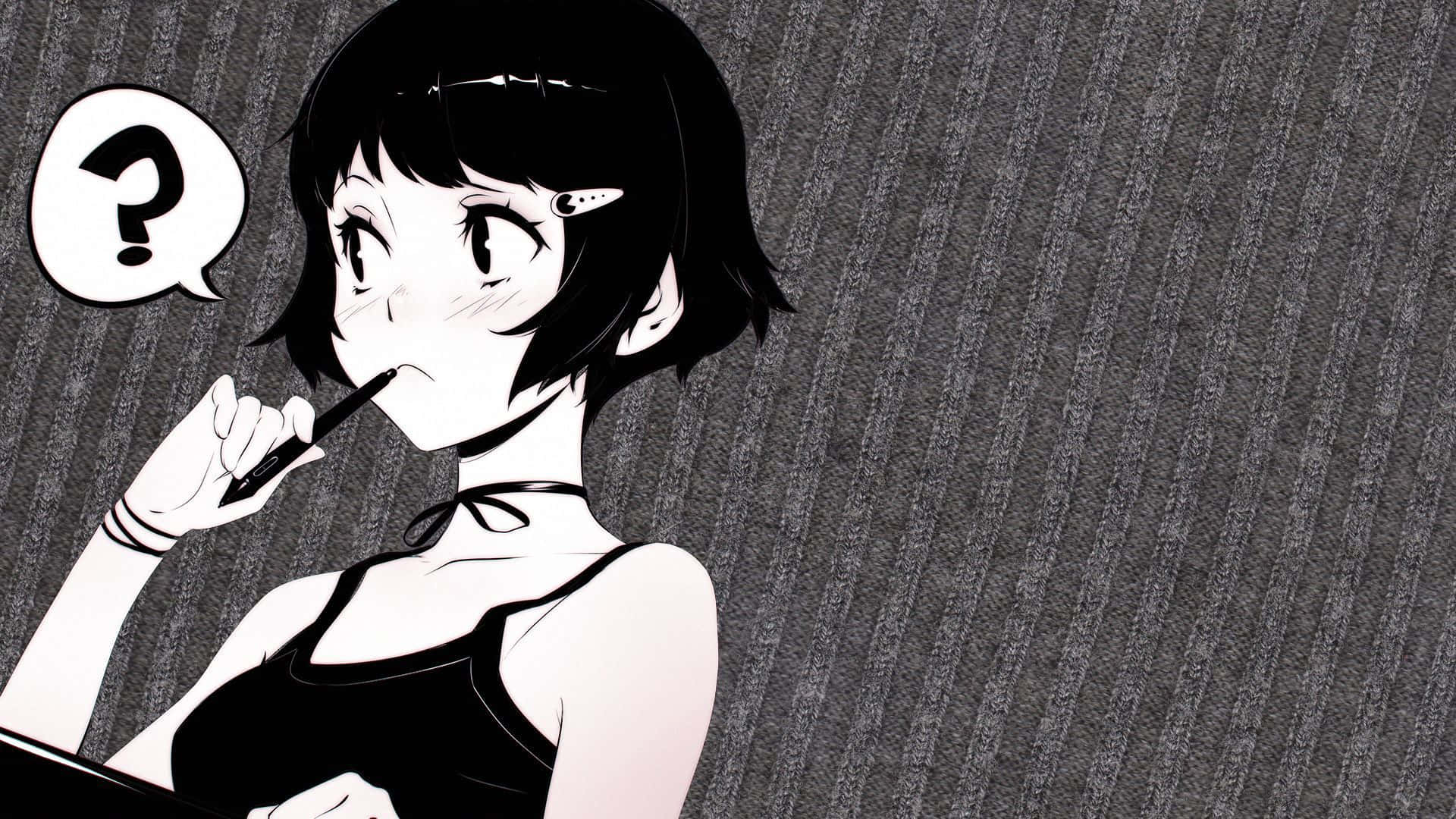 黑色動畫gif 桌布 壁紙 — 一個黑白動漫短髮女孩將筆放在唇邊，旁邊漂浮著一個問號對話氣泡。