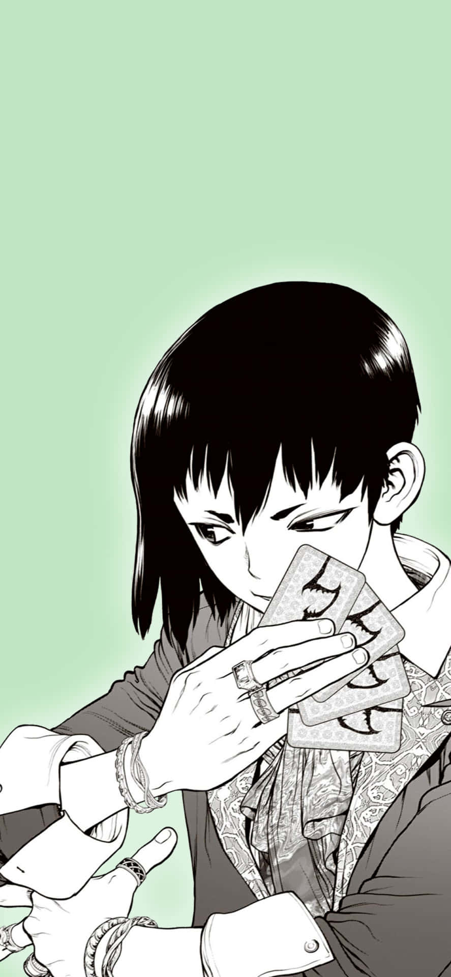 Dr Stone 桌布 壁紙 — 一個黑白動漫短髮角色在柔和的薄荷綠色背景前手持撲克牌。
