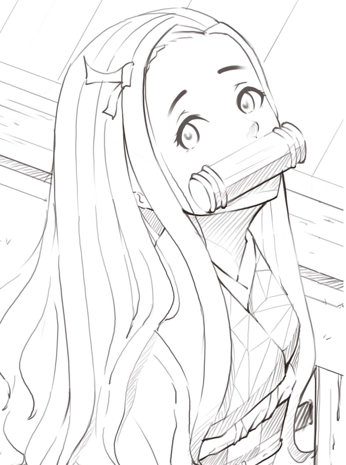 Anime Coloring 桌布 壁紙 — 一個黑白動漫素描，描繪一個長髮女孩將管子放在嘴邊向上看。
