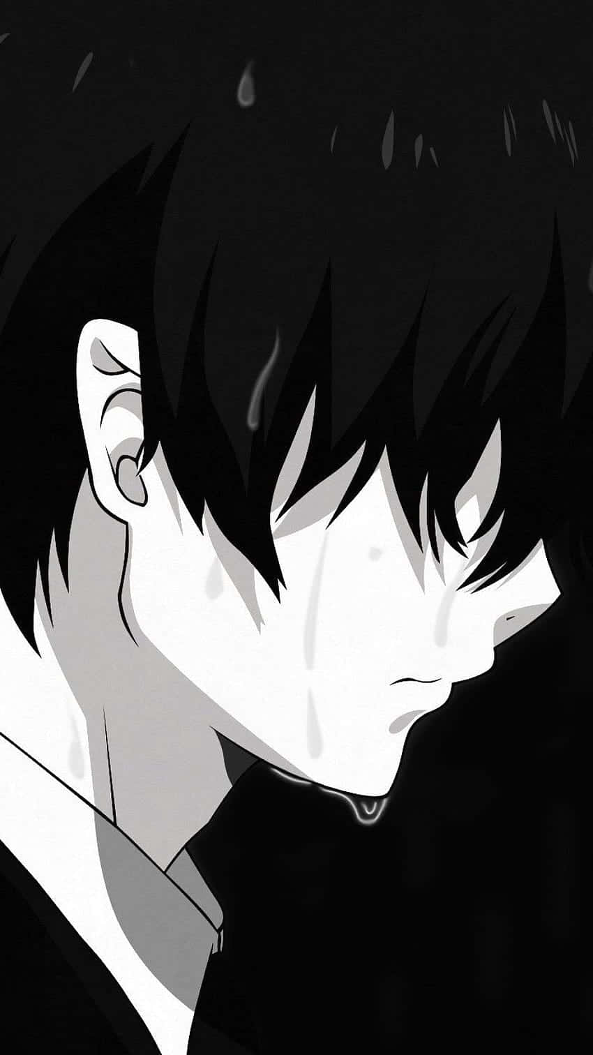 動漫男孩 桌布 壁紙 — 一個黑白動漫肖像，描繪一位頭髮豎起的年輕男子在哭泣，淚水在黑暗背景中落下。
