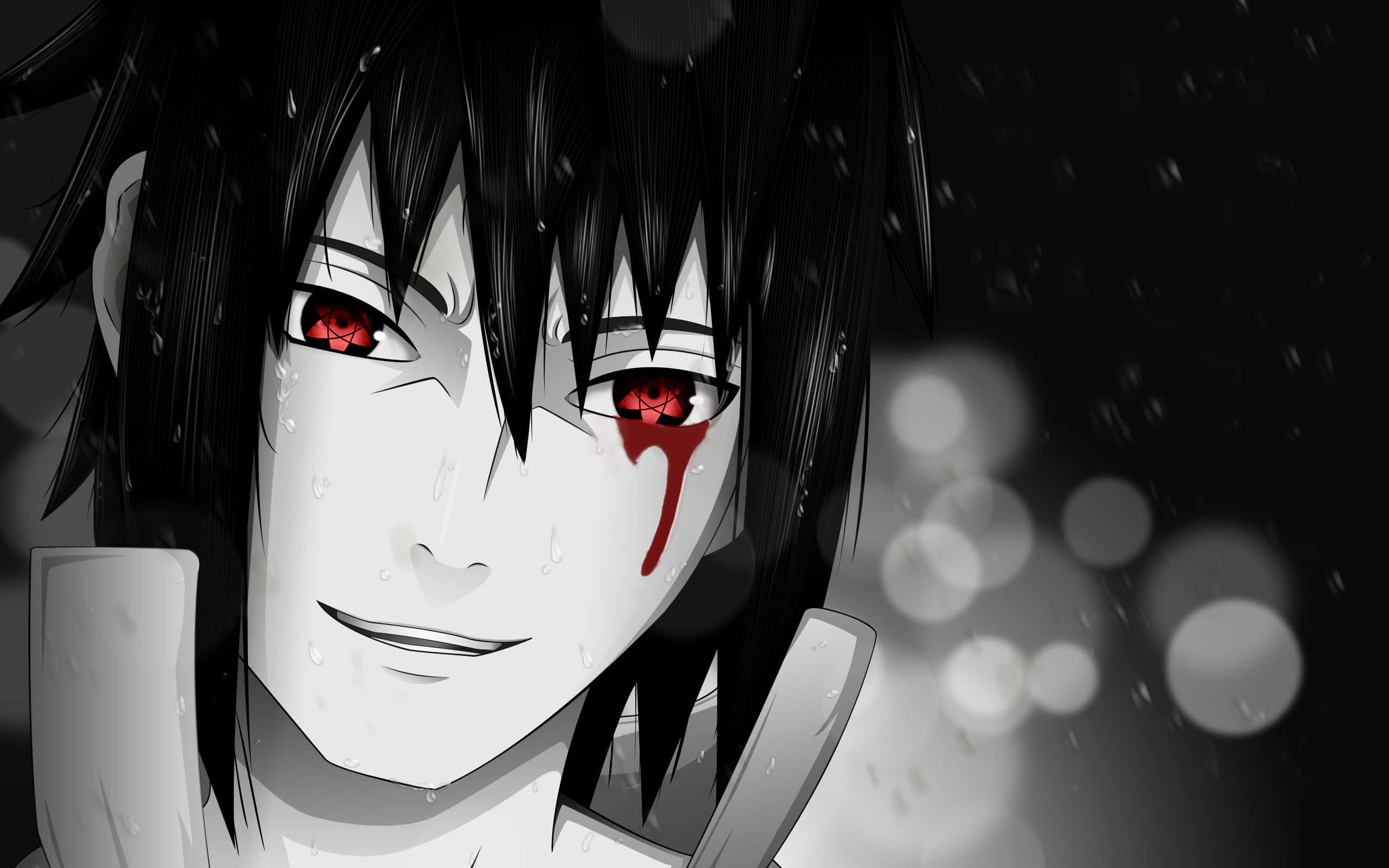 Uchiha Clan 桌布 壁紙 — 一個黑白動漫角色，在雨中紅眼並有血從臉上滴下。