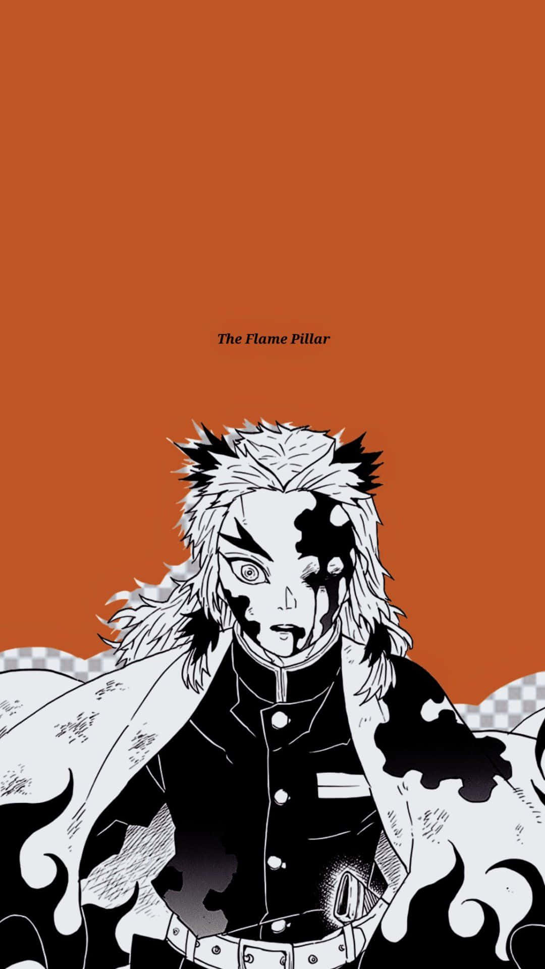 Rengoku Aesthetic 桌布 壁紙 — 一個黑白動漫角色，披著火焰圖案的斗篷，站在純橙色背景前，上方有文字。