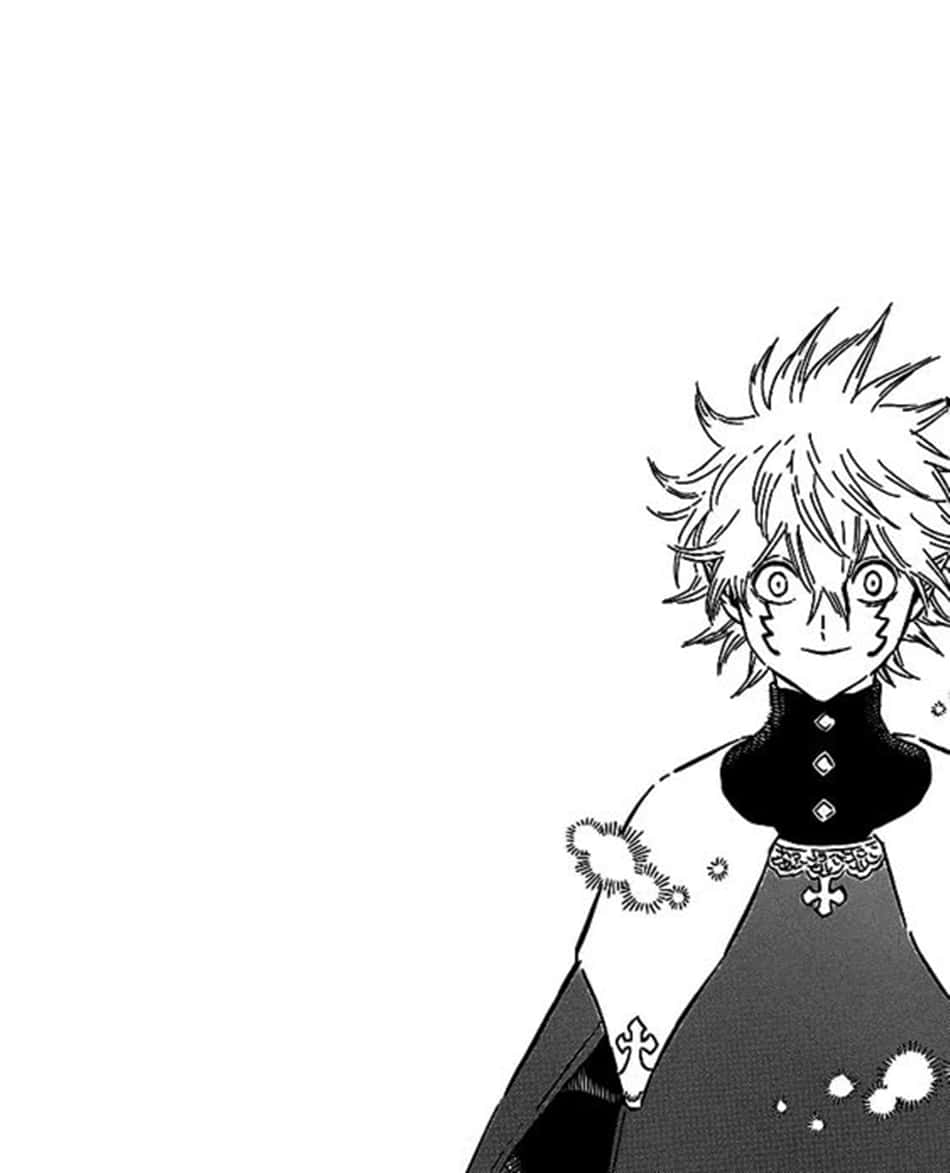 Luck Voltia 桌布 壁紙 — 一個黑白動漫角色，擁有尖刺頭髮和高領服裝，出現在純白色背景的右下角。