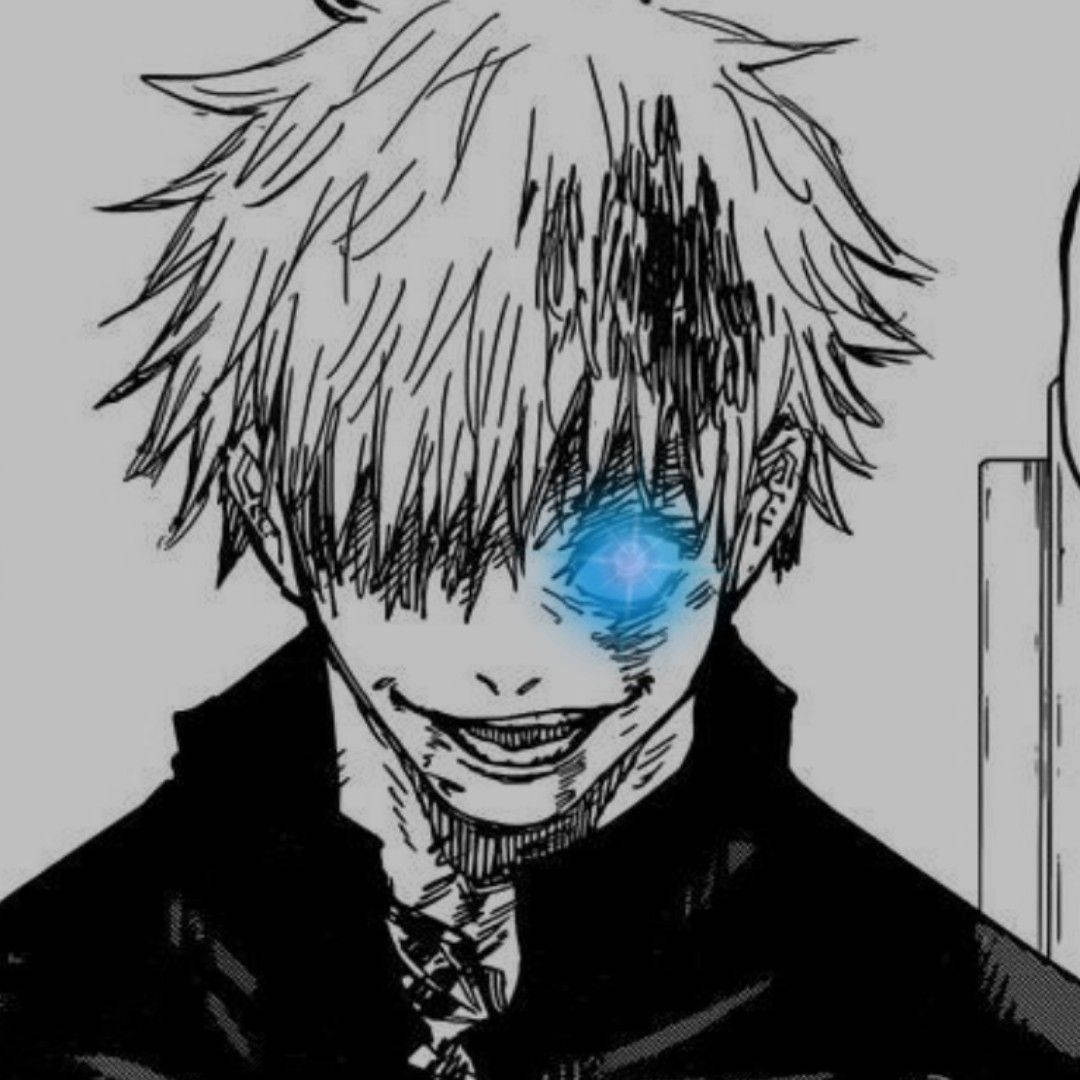 動漫男孩 桌布 壁紙 — 一個黑白動漫角色，擁有尖刺頭髮和一隻發光的藍色眼睛，露出威脅性的微笑。