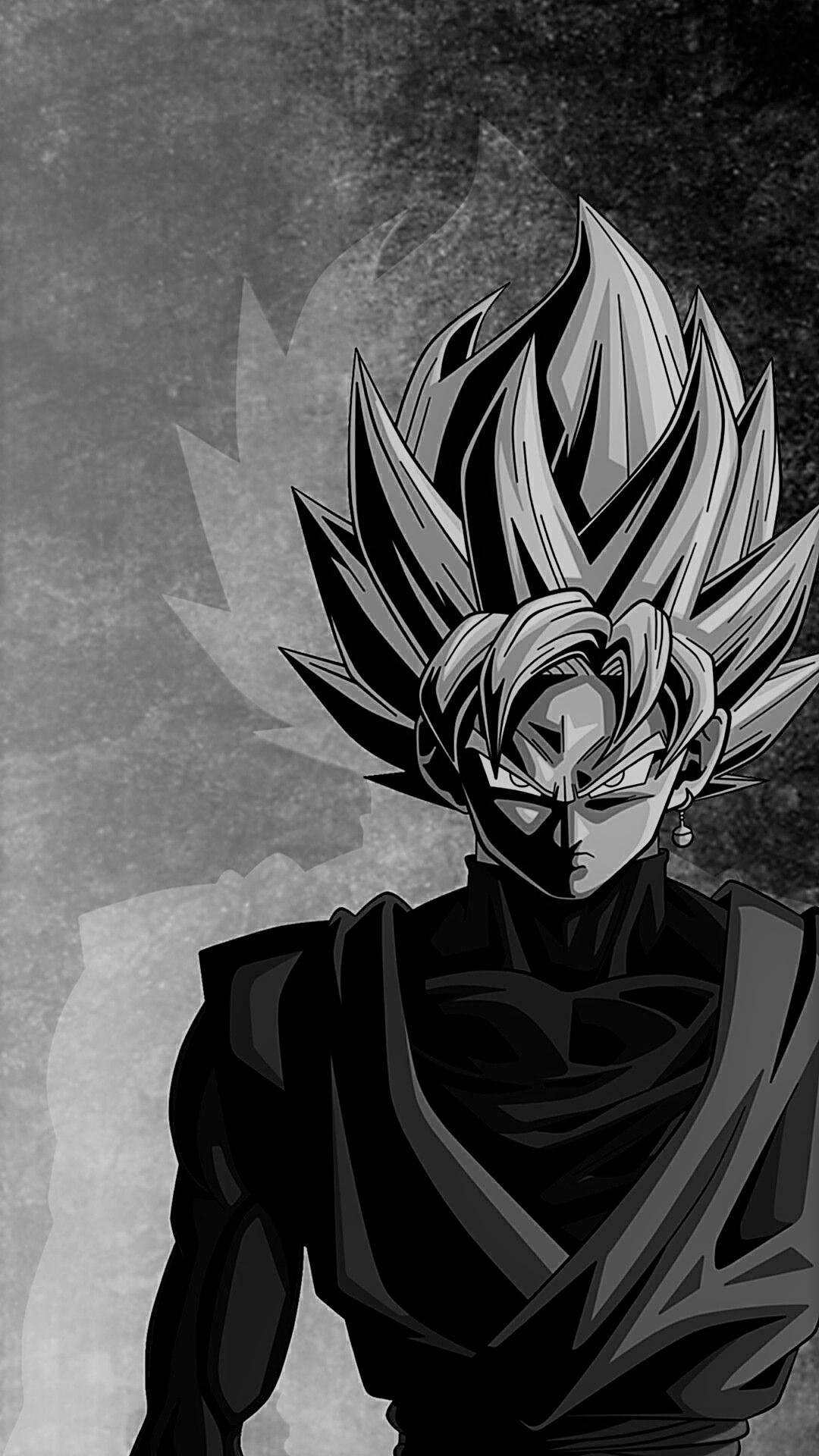 Goku Black And White 桌布 壁紙 — 一個黑白動漫角色，擁有尖刺頭髮和銳利眼神，站在帶有紋理的灰色背景前。