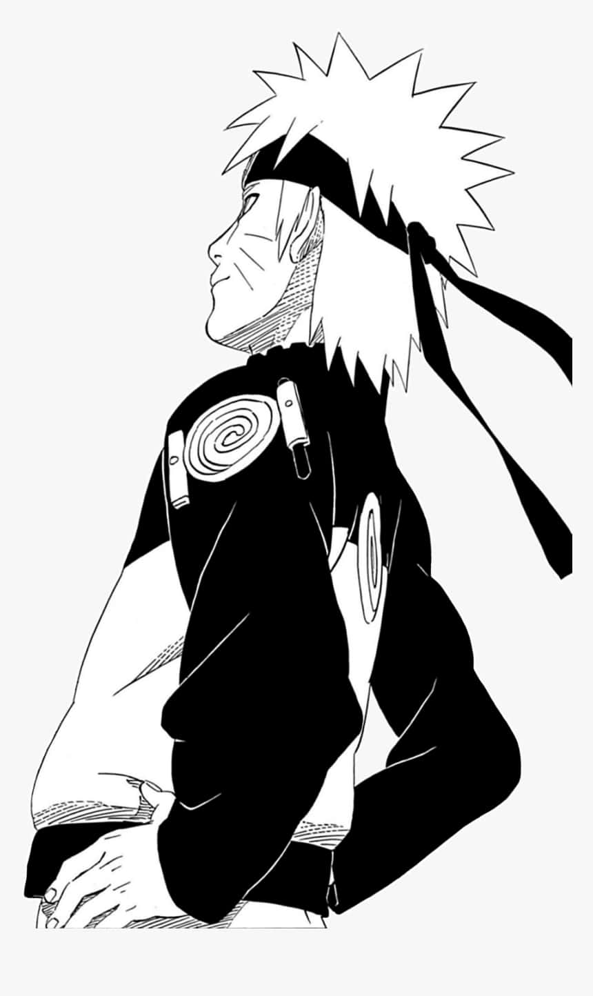 Naruto Manga 桌布 壁紙 — 一個黑白動漫角色，擁有尖刺頭髮和頭帶，側面站立，表情堅定。