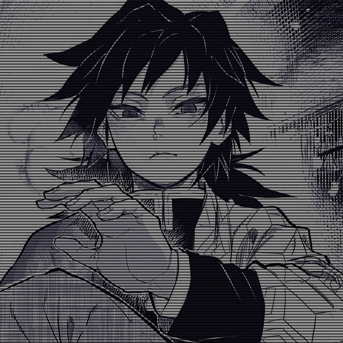 Demon Slayer Black And White 桌布 壁紙 — 一個黑白動漫角色，擁有尖刺頭髮和銳利眼神，透過帶有故障效果的條紋濾鏡凝視。