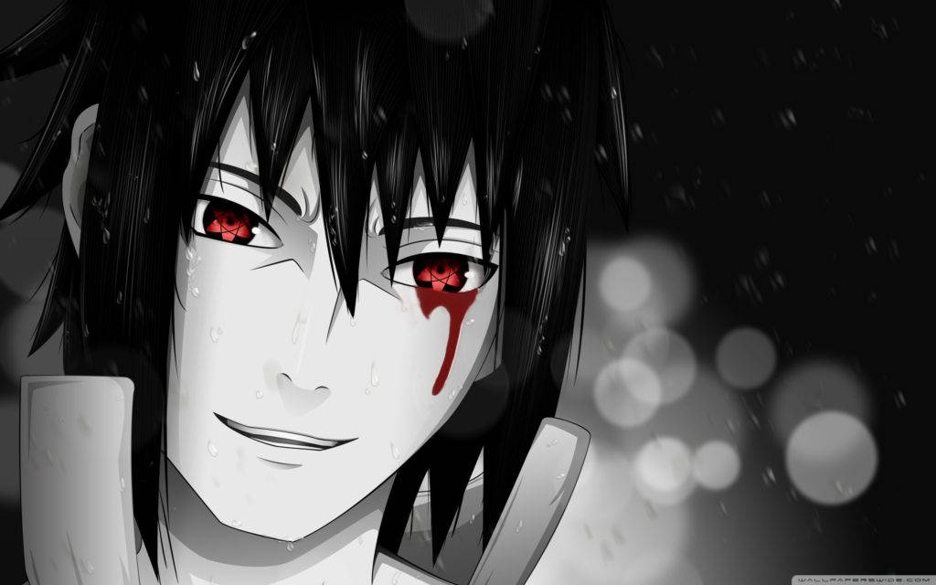Naruto HD 桌布 壁紙 — 一個黑白動漫角色，擁有紅色眼睛和血淚，在模糊背景下的雨中微笑。