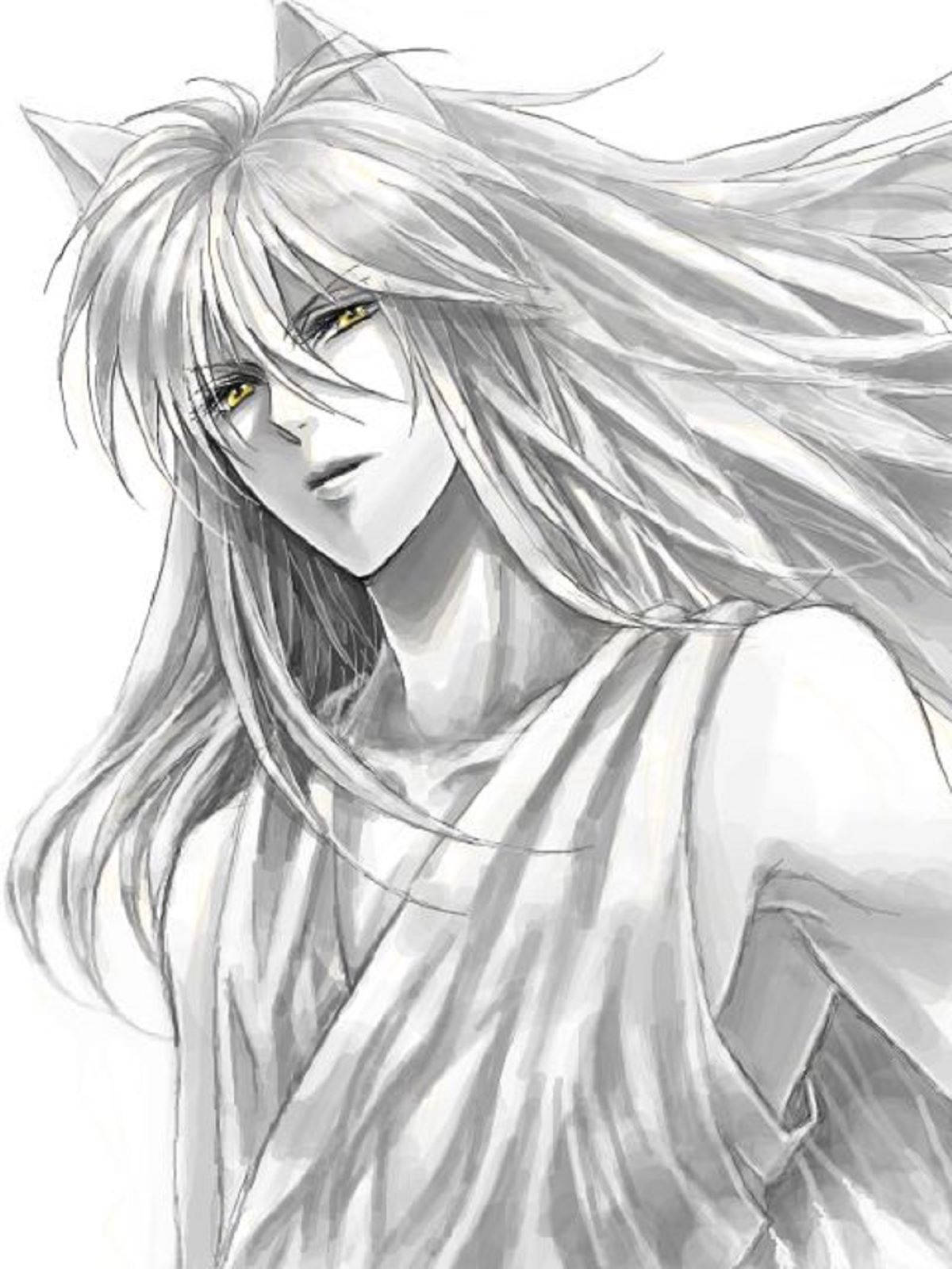 Kurama 桌布 壁紙 — 一個黑白動漫角色，擁有貓耳和飄逸的頭髮，用金色的眼睛強烈地凝視著。