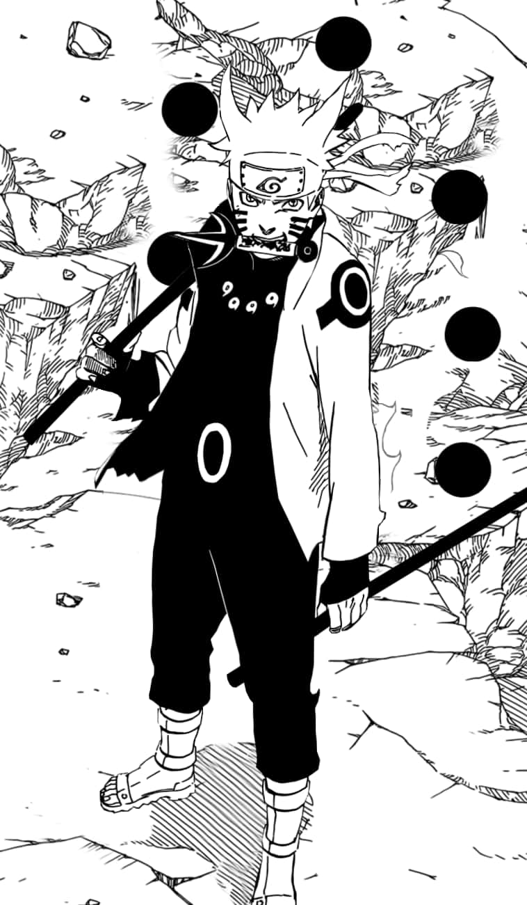 Naruto Manga 桌布 壁紙 — 一個黑白動漫角色，有尖刺頭髮和戴面具的臉，站在岩石地形中，周圍漂浮著黑色球體。