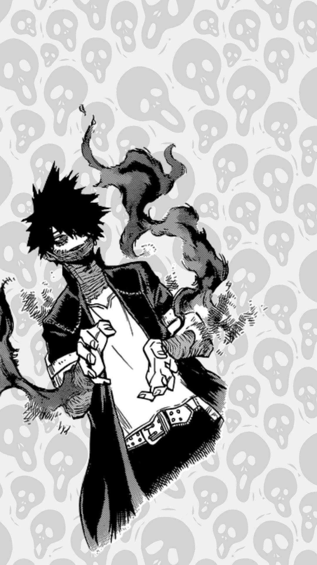 Dabi Aesthetic 桌布 壁紙 — 一個黑白動漫角色，有尖刺頭髮和煙霧效果，站在骷髏圖案背景前。